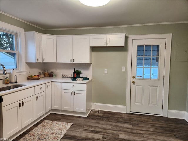 kitchen with crown molding, sink, white cabinets, and dark hardwood / wood-style flooring