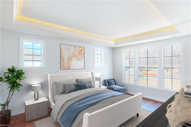 bedroom featuring hardwood / wood-style floors and a raised ceiling