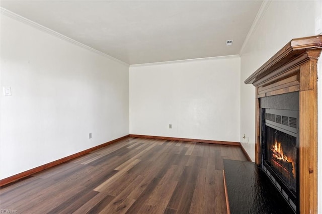 unfurnished living room featuring ornamental molding and dark wood-type flooring