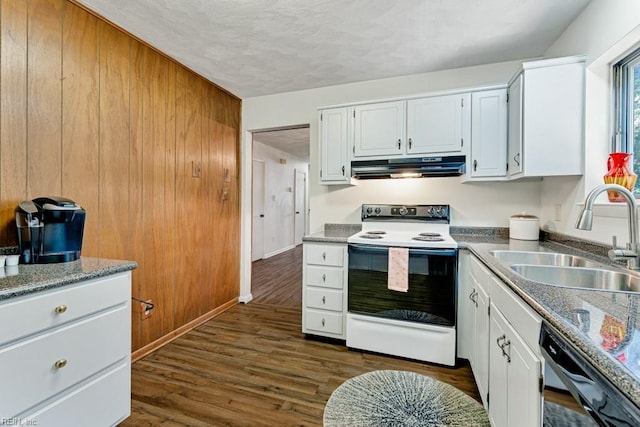 kitchen featuring white electric range, sink, dark hardwood / wood-style flooring, black dishwasher, and white cabinets