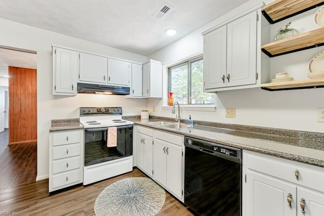 kitchen with dishwasher, sink, white cabinets, electric range, and light wood-type flooring