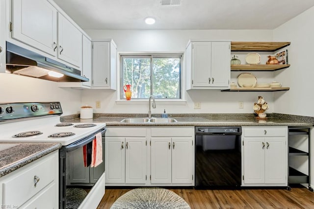 kitchen with sink, hardwood / wood-style flooring, dishwasher, range with electric cooktop, and white cabinets