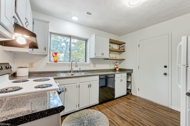 kitchen featuring sink, white appliances, ventilation hood, white cabinets, and dark hardwood / wood-style flooring