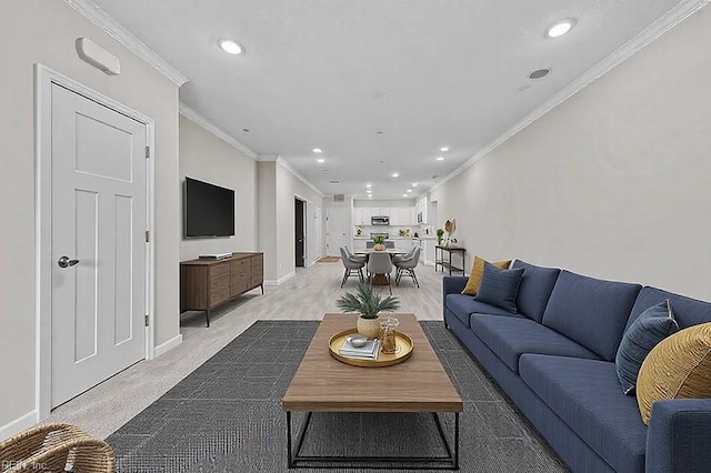 carpeted living room with crown molding