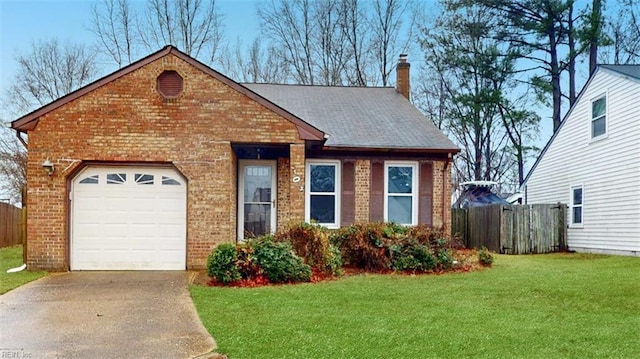 view of front of home featuring driveway, a chimney, a front yard, and fence