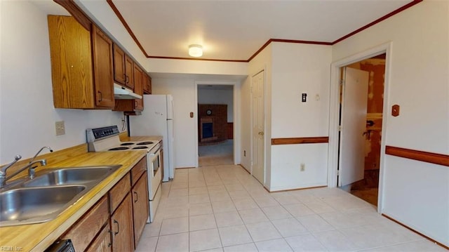 kitchen with white electric stove, brown cabinets, light countertops, under cabinet range hood, and a sink