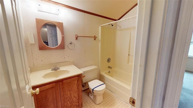 full bathroom featuring lofted ceiling, toilet, vanity, shower / washtub combination, and wallpapered walls