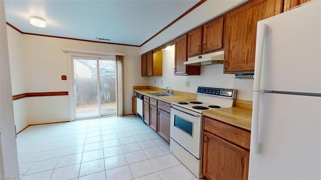 kitchen featuring crown molding, light countertops, a sink, white appliances, and under cabinet range hood