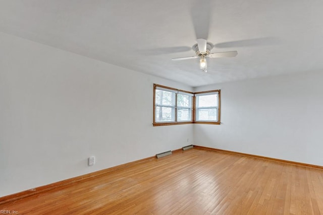 empty room with ceiling fan and light wood-type flooring