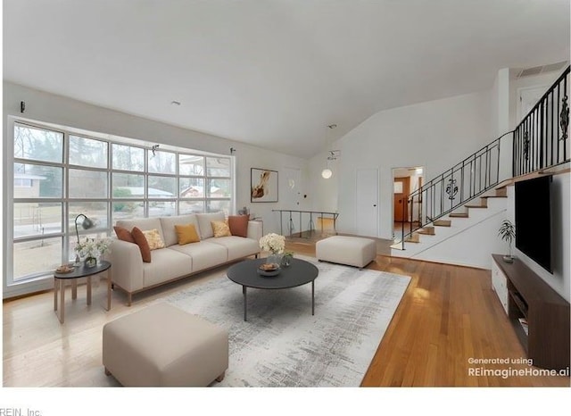 living room with hardwood / wood-style flooring and lofted ceiling