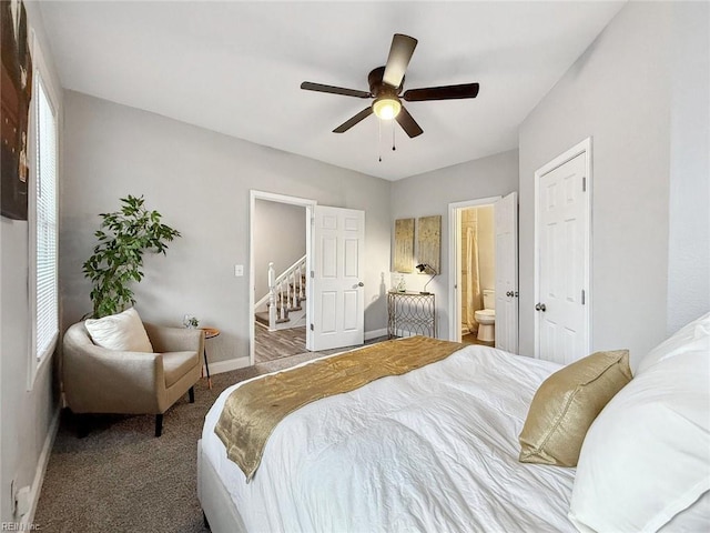 carpeted bedroom featuring connected bathroom and ceiling fan