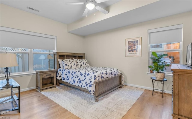 bedroom with ceiling fan and light wood-type flooring