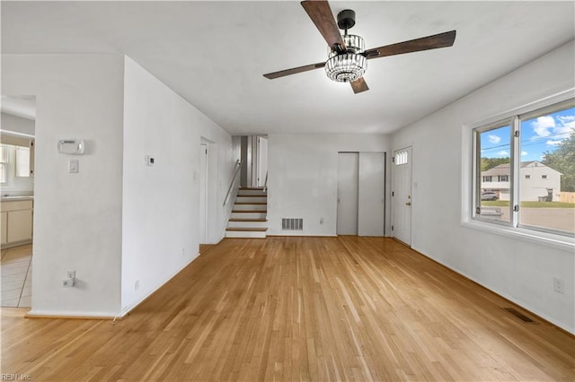 37 Lancaster Ter, Hampton, VA 23666 - unfurnished living room with light wood-type flooring, visible vents, ceiling fan, and stairs