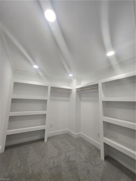 walk in closet featuring dark carpet