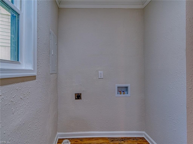 clothes washing area featuring crown molding, wood-type flooring, electric panel, washer hookup, and hookup for an electric dryer