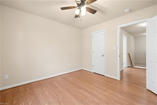 empty room featuring ceiling fan and light hardwood / wood-style flooring