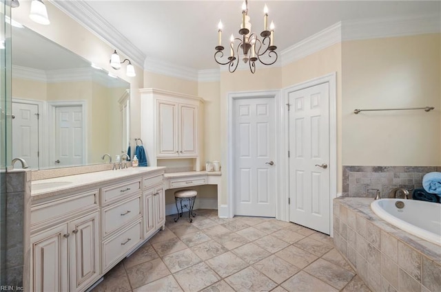 bathroom with crown molding, a sink, a bath, double vanity, and an inviting chandelier