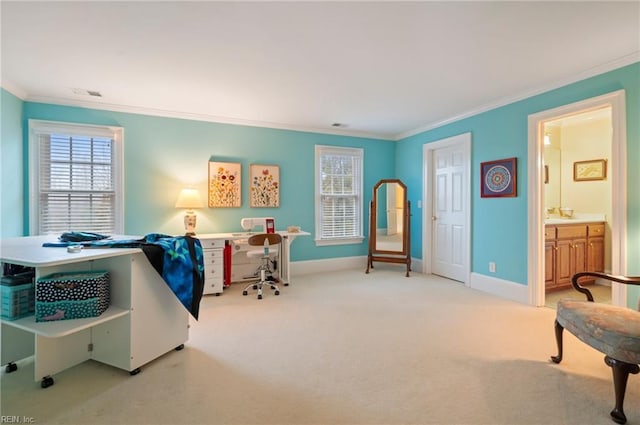 rec room with light colored carpet, crown molding, visible vents, and baseboards