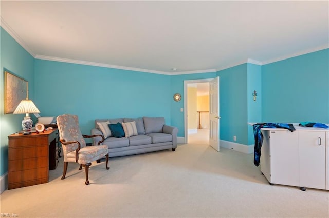 living room featuring baseboards, crown molding, and light colored carpet