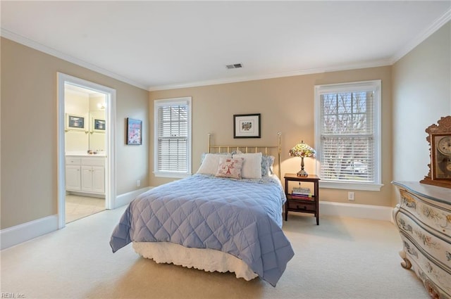 bedroom with light colored carpet, crown molding, visible vents, and baseboards