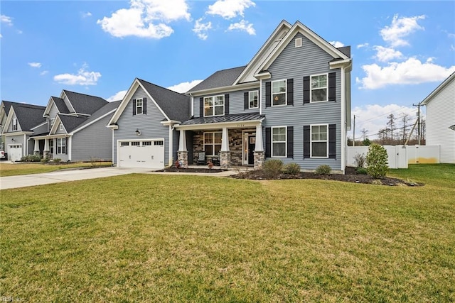 craftsman-style house with a garage, covered porch, and a front lawn