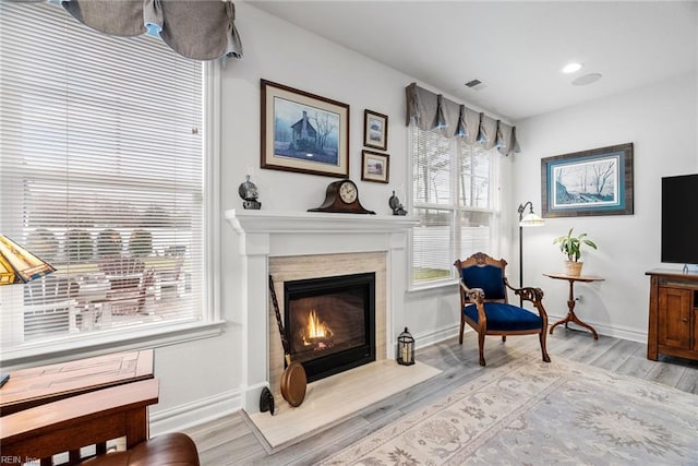 living area with a premium fireplace and light wood-type flooring