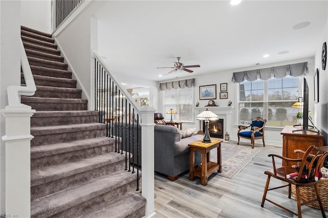 living room featuring ceiling fan and light wood-type flooring