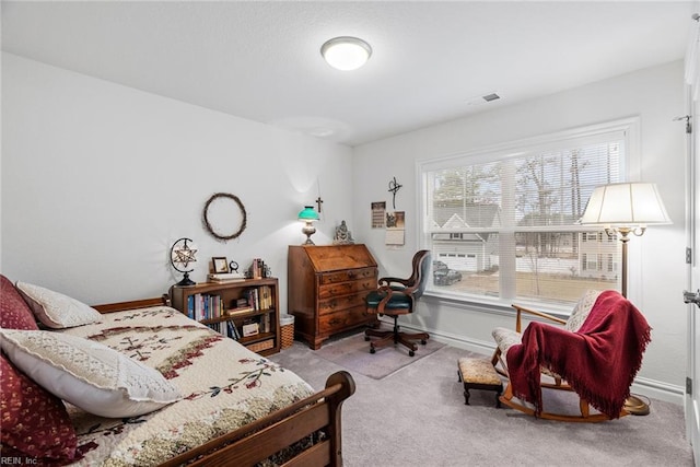 bedroom with light colored carpet