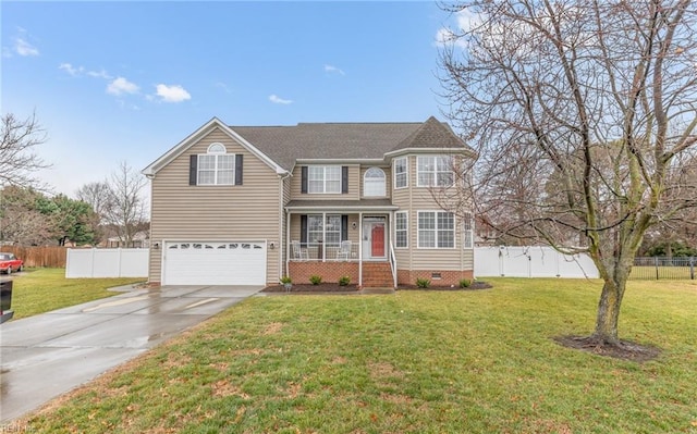 view of front of property with a porch, a garage, and a front lawn