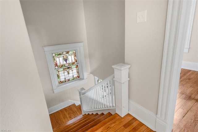 stairway featuring hardwood / wood-style flooring