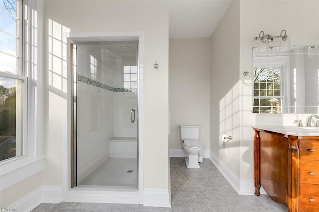 bathroom with vanity, toilet, and an enclosed shower