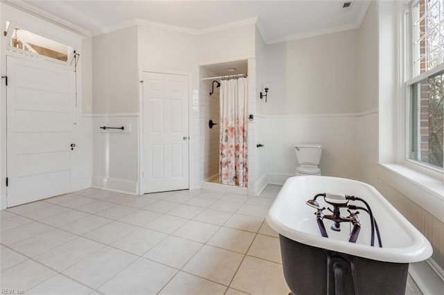 bathroom with tile patterned flooring, plus walk in shower, ornamental molding, and toilet