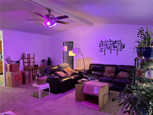 living room featuring ceiling fan, lofted ceiling with beams, and light colored carpet