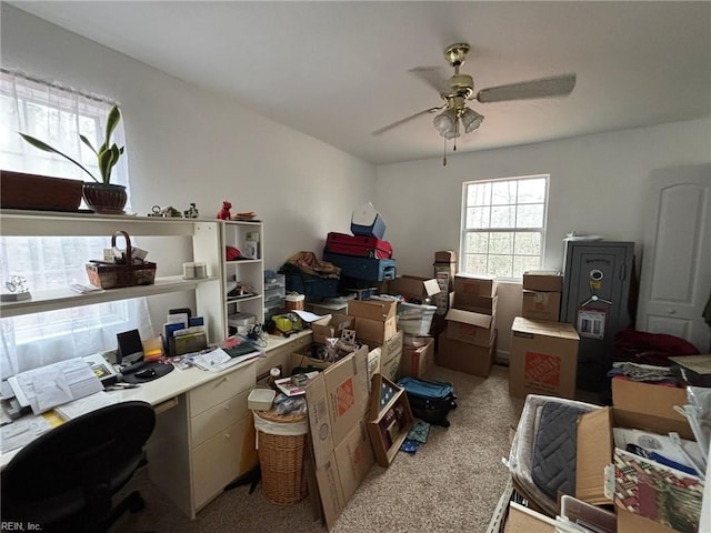 carpeted office space with ceiling fan
