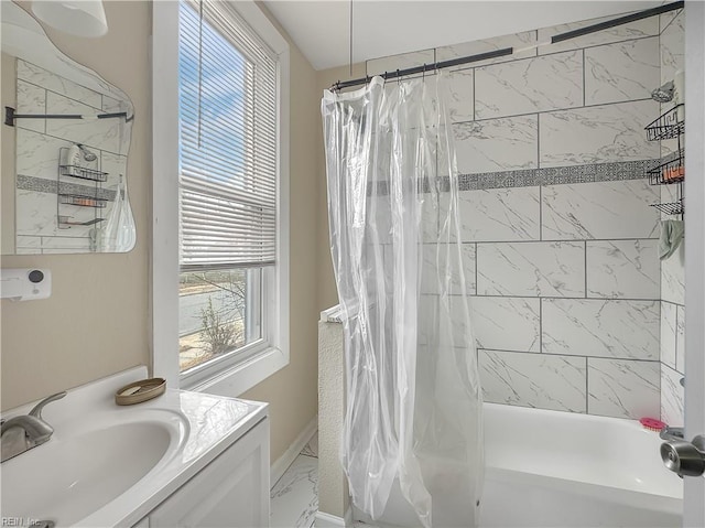 bathroom featuring shower / bath combination with curtain and vanity