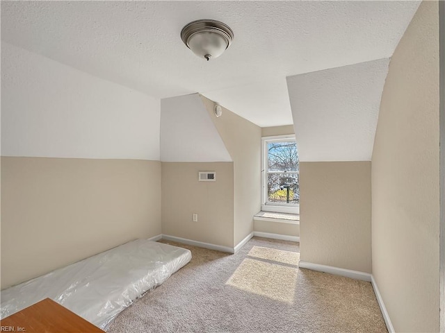 additional living space with carpet floors, a textured ceiling, and vaulted ceiling