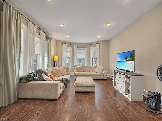 living room featuring plenty of natural light and dark wood-type flooring