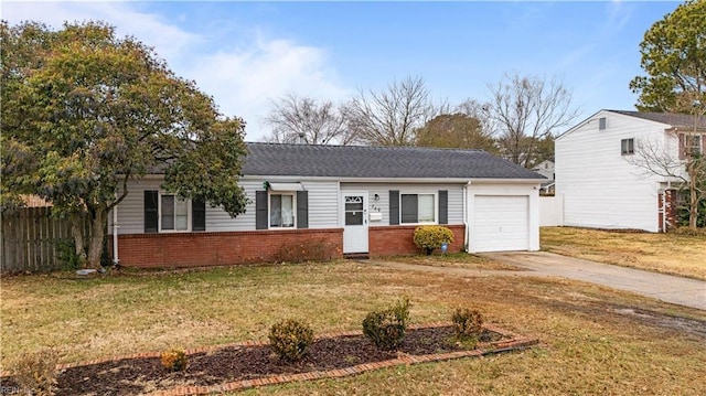 single story home with a garage and a front yard