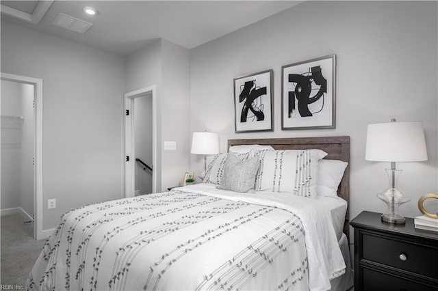 carpeted bedroom with a spacious closet and a closet