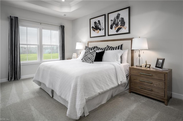 carpeted bedroom featuring crown molding and a raised ceiling