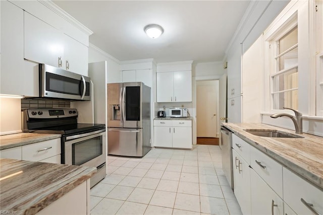 kitchen featuring sink, crown molding, stainless steel appliances, and white cabinets