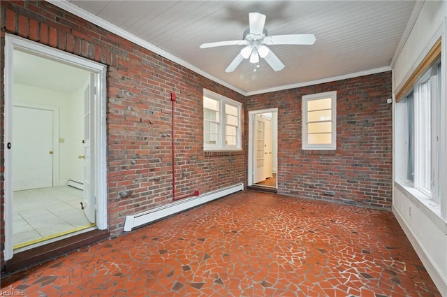 unfurnished sunroom with ceiling fan and baseboard heating