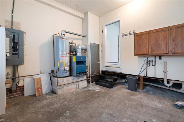 utility room featuring electric panel and water heater