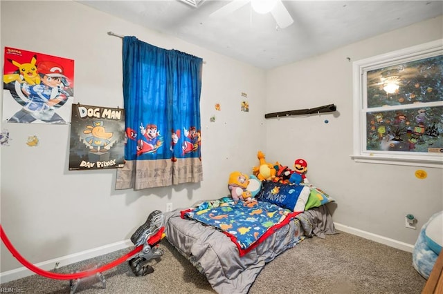 bedroom featuring carpet floors and ceiling fan