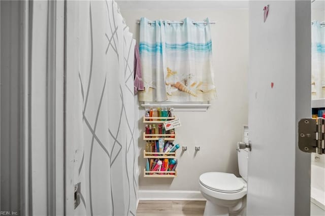 bathroom featuring wood-type flooring and toilet