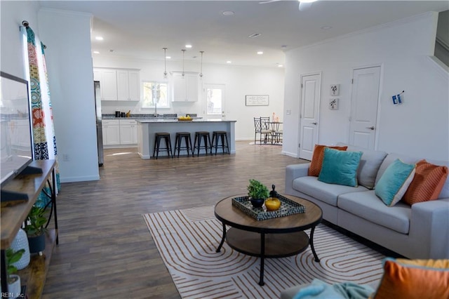 living room featuring ornamental molding and dark hardwood / wood-style floors