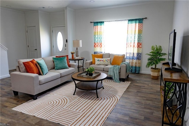 living room with dark hardwood / wood-style flooring and ornamental molding