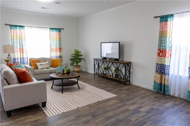 living room featuring ornamental molding and dark hardwood / wood-style floors