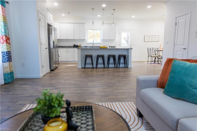 living room with dark hardwood / wood-style floors