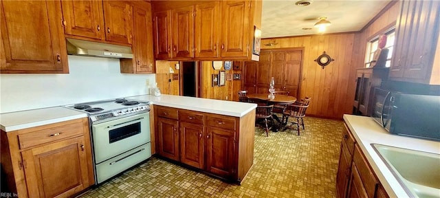 kitchen with white electric range, wooden walls, kitchen peninsula, and sink